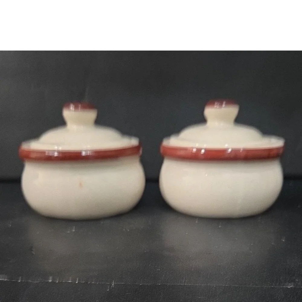 Ceramic Soup Bowls With Handles & Lids, Set of 2, Replacement Cream/Brown Crocks